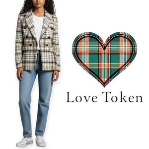 Love Token Tweed Beige Gray Black White Plaid Blazer Size XS LT100-179